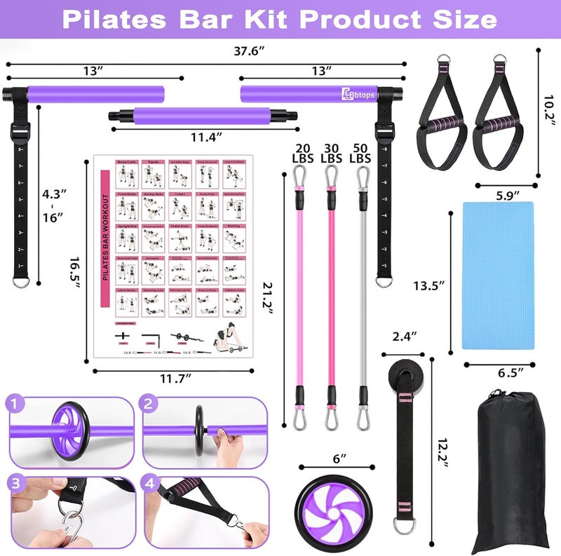 Bbtops Pilates Bar Kit with Resistance Bands,Ab Roller,2 in 1 Foot Strap & Handle,Door Anchor Pilates Equipment with Resistance Bands, Portable Home Gym Yoga Fitness Bar for Women & Men - Image 5